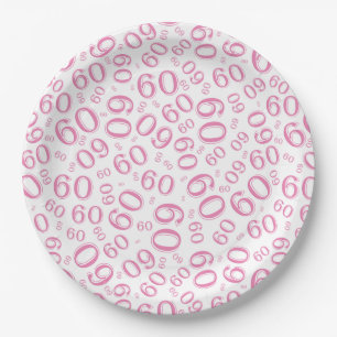 60th Party Random Number Pattern Pink/White Paper Plate