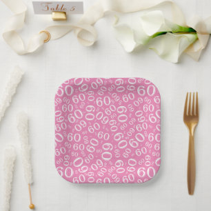 60th Party Random Number Pattern Pink/White Paper Plate