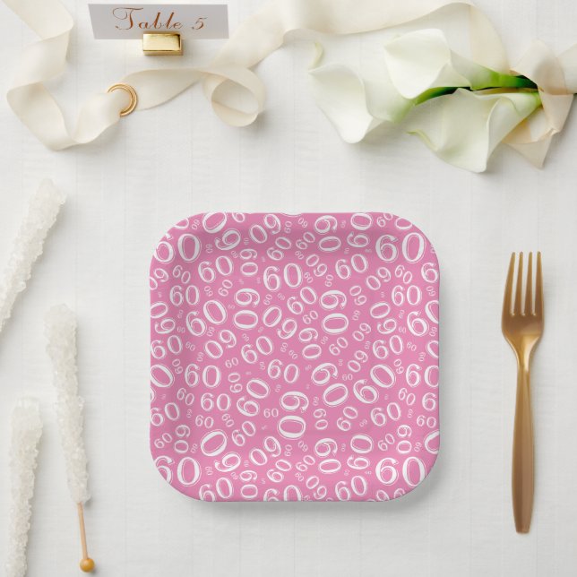 60th Party Random Number Pattern Pink/White Paper Plate (Wedding)