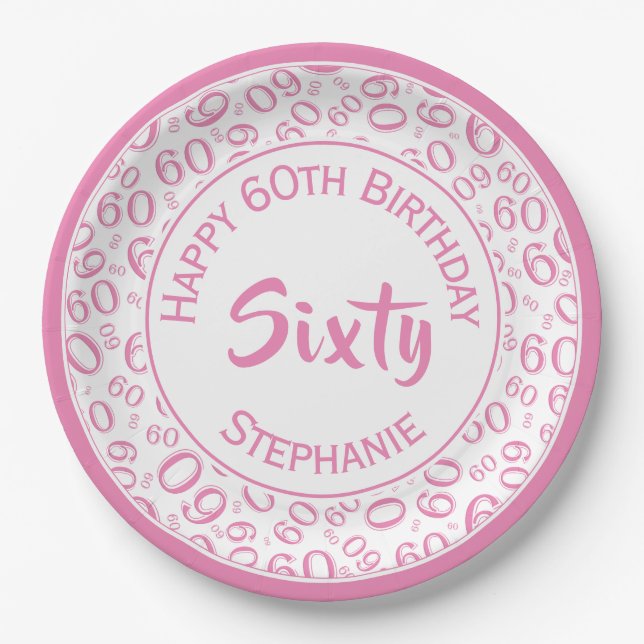 60th Party Random Number Pattern Pink/White Paper Plate (Front)