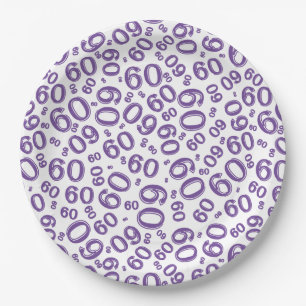 60th Party Random Number Pattern Purple/White Paper Plate