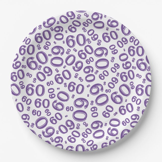 60th Party Random Number Pattern Purple/White Paper Plate (Front)
