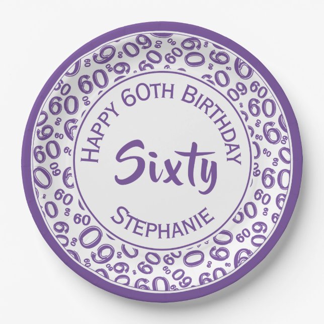 60th Party Random Number Pattern Purple/White Paper Plate (Front)