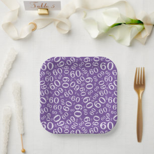 60th Party Random Number Pattern Purple/White Paper Plate