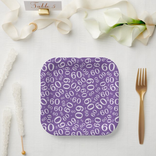 60th Party Random Number Pattern Purple/White Paper Plate (Wedding)