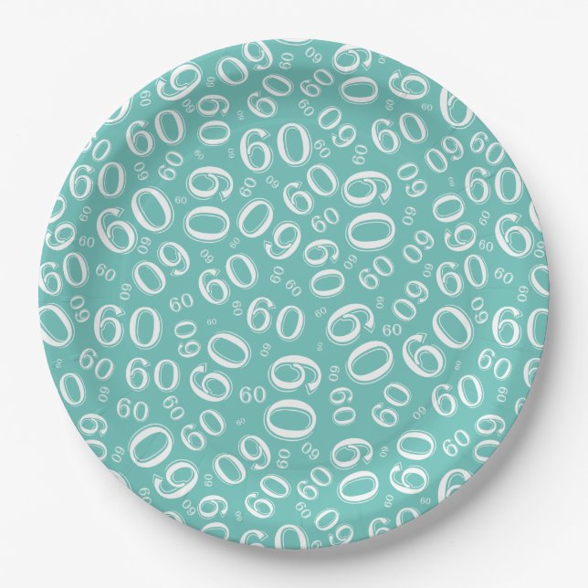 60th Party Random Number Pattern Teal/White Paper Plate (Front)