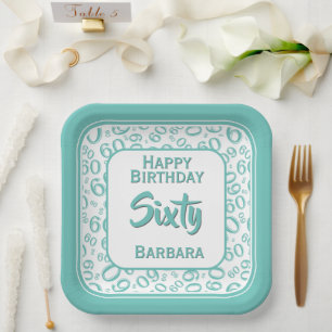 60th Party Random Number Pattern Teal/White  Paper Plate