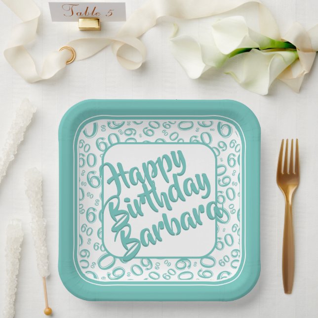 60th Party Random Number Pattern Teal & White Paper Plate (Wedding)
