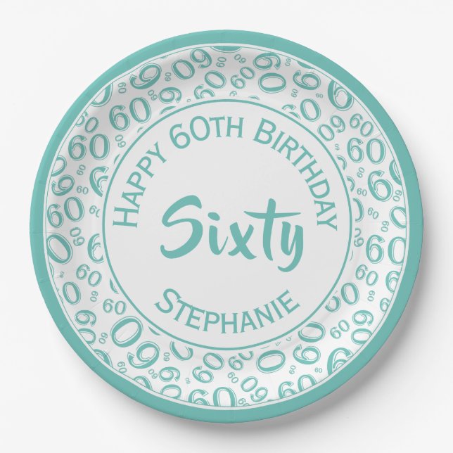 60th Party Random Number Pattern Teal/White Paper Plate (Front)