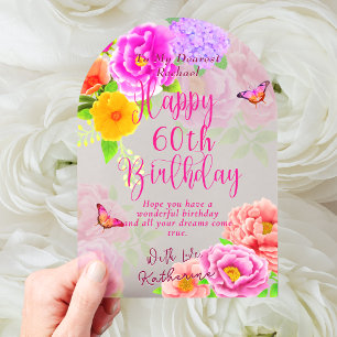 60th Peonies Garden Happy Birthday Card Acrylic Invitations