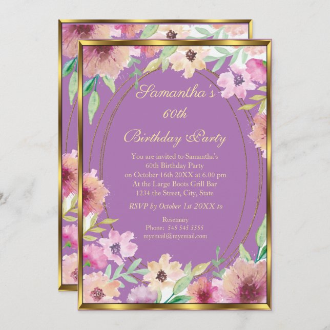 60th Purple Floral Gold Birthday Party Invitation (Front/Back)