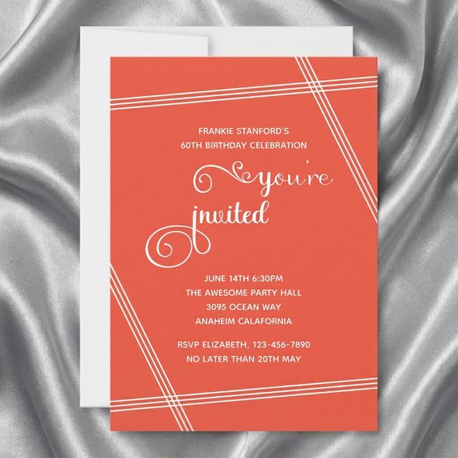 60th Simple Modern Elegant Birthday Party Invites (6Oth birthday. Orange invitation. Grey silk background.)