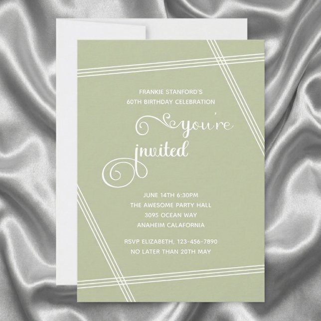 60th Simple Modern Elegant Birthday Party Invites (60th birthday invitation in sage green. Grey silk cloth background.)
