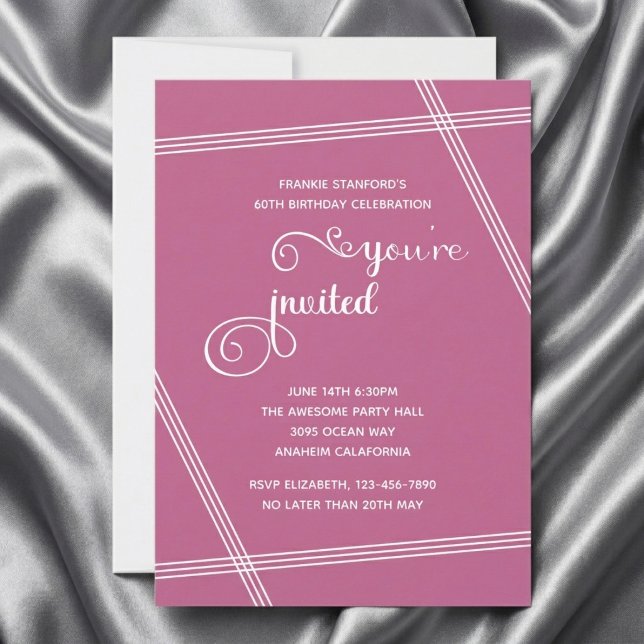 60th Simple Modern Elegant Birthday Party Invites (Pink 60th birthday invitation on grey silk background.)