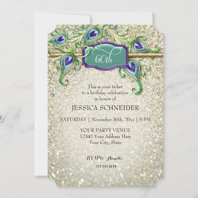 60th Sixtieth Birthday Party Peacock Feather Invitation (Front)