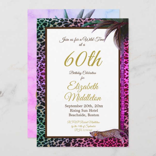 60th Sixtieth Leopard Palm Wild Purple Birthday Invitation (Front/Back)