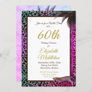 60th Sixtieth Leopard Palm Wild Purple Birthday Invitation