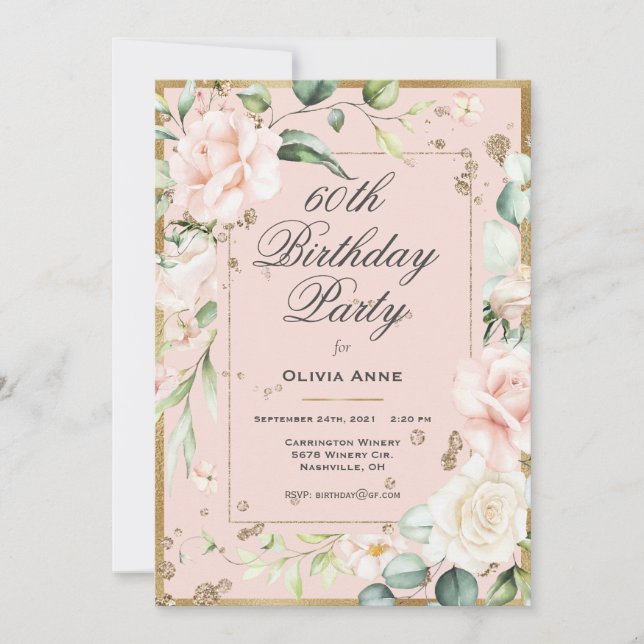 60th Sixty Sixtieth 60 Birthday Pink Floral Invitation (Front)
