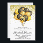 60th Surprise Birthday Black Gold Glitter   Invitation<br><div class="desc">Black and gold balloons And confetti 60th birthday party invite. Bold black and gold style design with modern script typeface. Customise for any age. 40,  50,  60,  70,  80,  90 and over.</div>