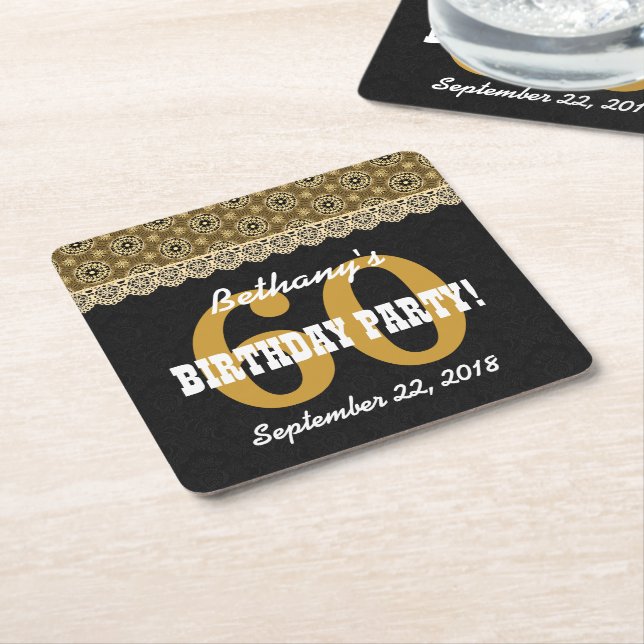 60th SURPRISE Birthday For Her A13 Black and Gold Square Paper Coaster (Angled)