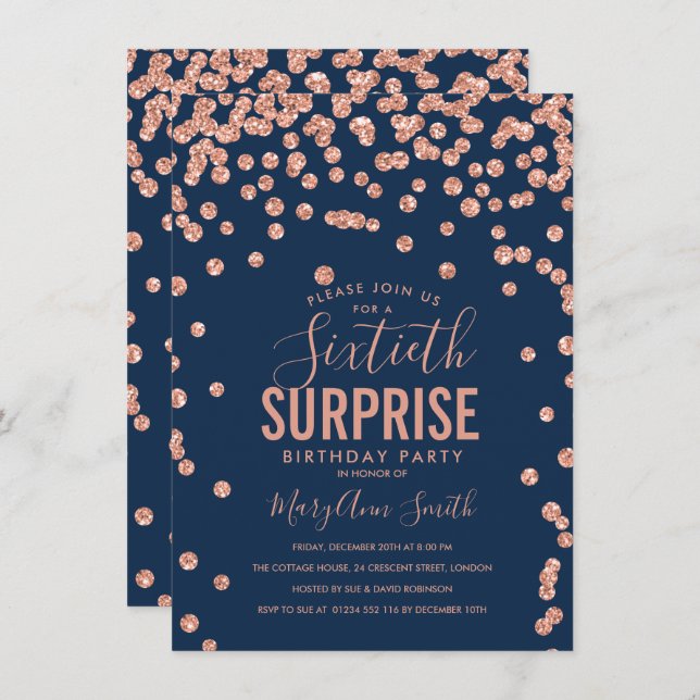 60th Surprise Birthday Rose Gold Navy Blue Invitation (Front/Back)