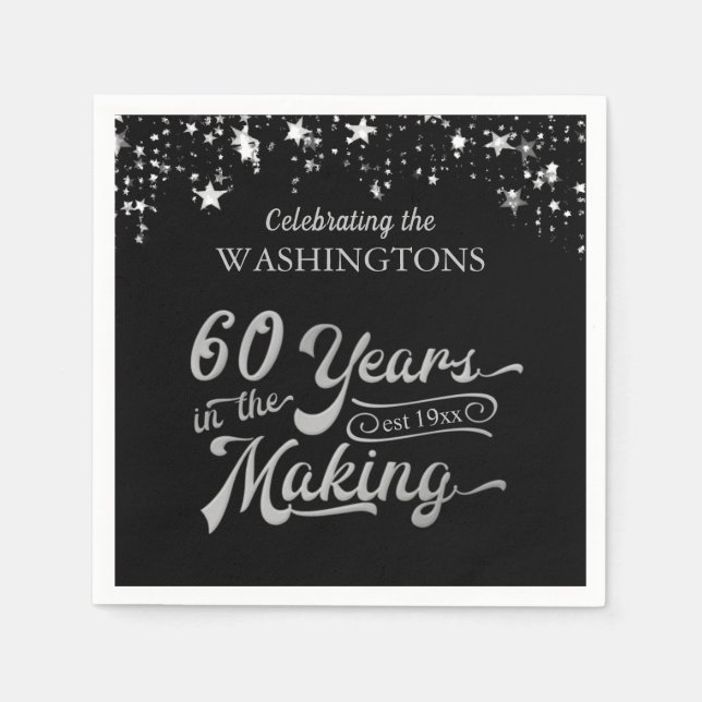 60th Wedding Anniversary Black and Silver Stars Napkin (Front)