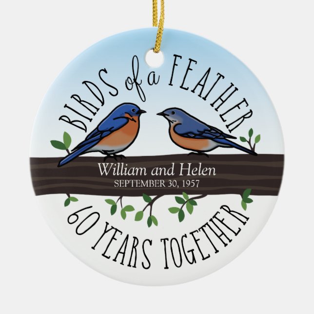 60th Wedding Anniversary, Bluebirds of a Feather Ceramic Tree Decoration (Front)