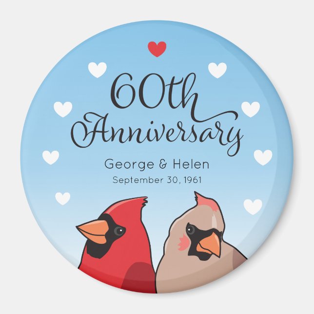 60th Wedding Anniversary, Cardinal and Hearts Magnet (Front)