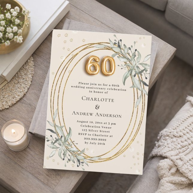 60th wedding anniversary champagne greenery invitation (Creator Uploaded)