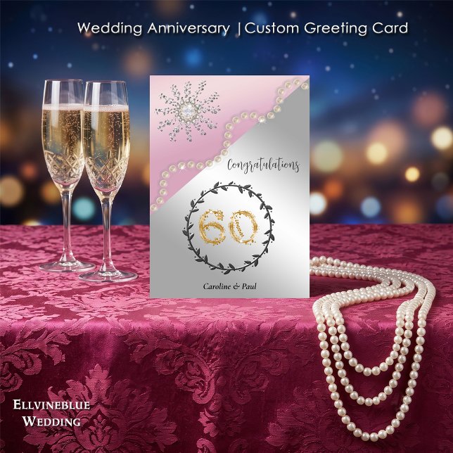 60th Wedding Anniversary | Chic Diamond & Pearls Card (Double-sided 60th Wedding Anniversary. 100% editable with message inside. 5”x7”.)