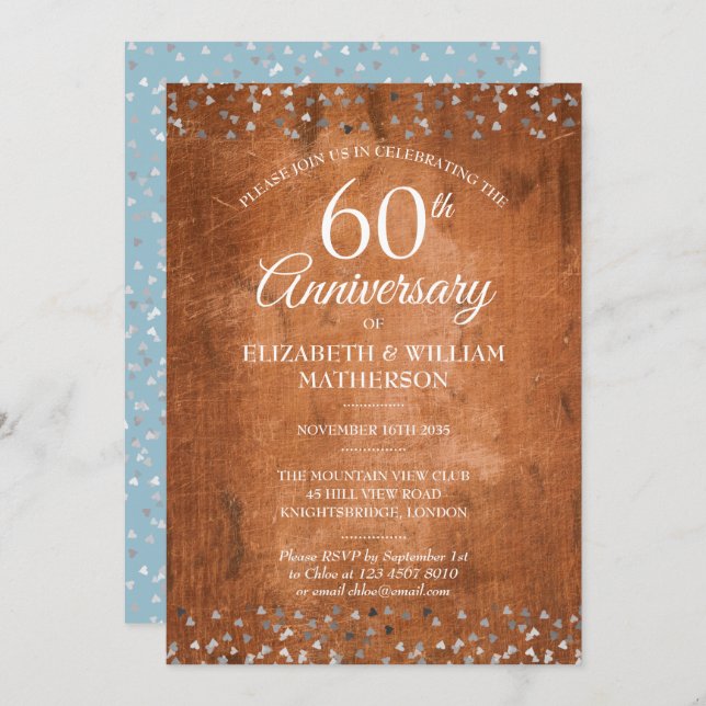 60th Wedding Anniversary Confetti Rustic Wood Invitation (Front/Back)