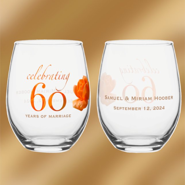60th wedding anniversary customise peach rose gift stemless wine glass (Personalize with couples names and 60th anniversary date for peach rose unique keepsake gift glasses)