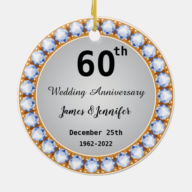 60th Wedding Anniversary diamond Custom Names Ceramic Tree Decoration (Back)