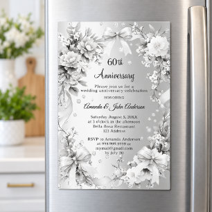 60th wedding anniversary diamond silver floral bow magnetic invitation