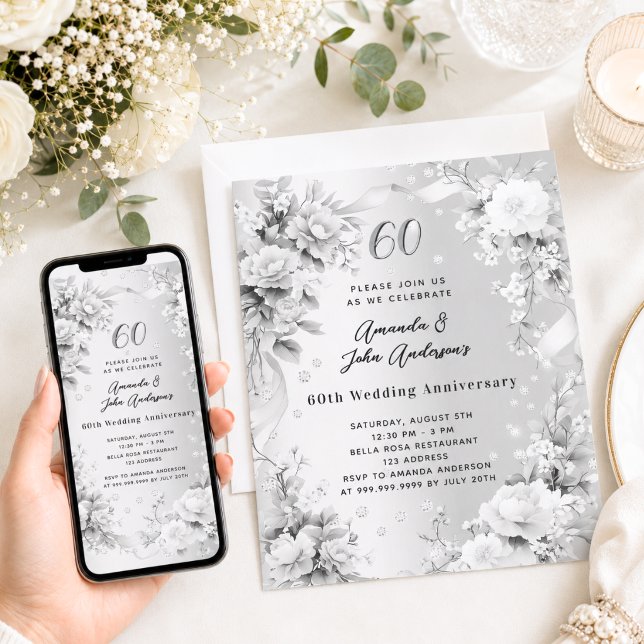 60th wedding anniversary diamond silver florals invitation (Creator Uploaded)