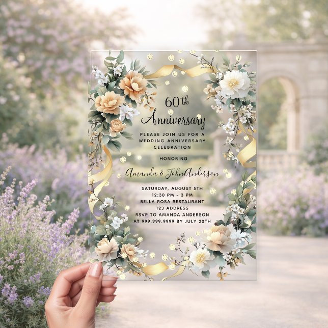60th wedding anniversary diamonds yellow florals acrylic invitations (Creator Uploaded)