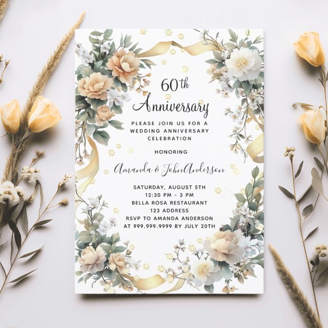60th wedding anniversary diamonds yellow florals invitation (Creator Uploaded)