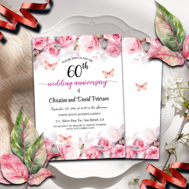 60th Wedding Anniversary Elegant Blush Roses Invitation (Creator Uploaded)
