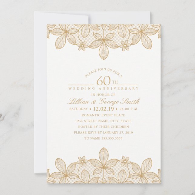 60th Wedding Anniversary Elegant Golden Lace Invitation (Front)