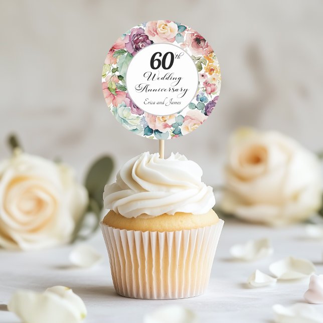 60th Wedding Anniversary Elegant Script Floral Classic Round Sticker (Creator Uploaded)