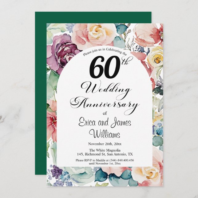 60th Wedding Anniversary Elegant Script Floral Invitation (Front/Back)