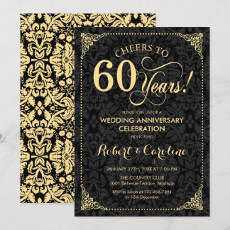 60th Wedding Anniversary - Gold Black Damask Invitation