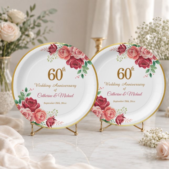60th Wedding Anniversary Gold Frame Floral Paper Plate (Creator Uploaded)
