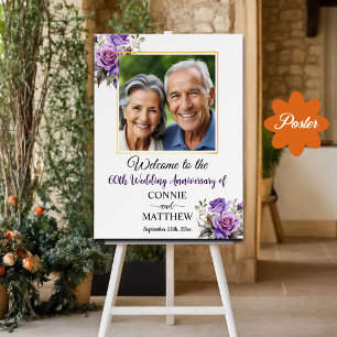 60th Wedding Anniversary Gold Frame Purple Roses Poster