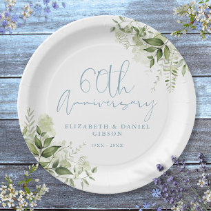 60th Wedding Anniversary Greenery Floral Paper Plate