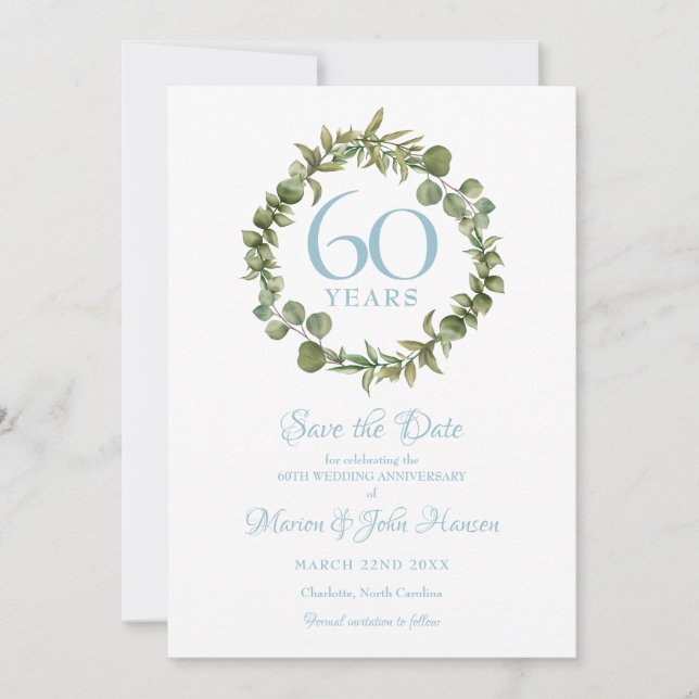 60th Wedding Anniversary Greenery Garland Save The Date (Front)