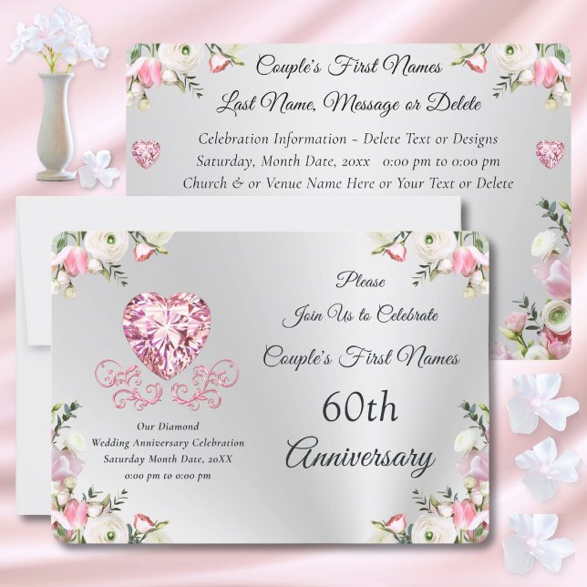 60th Wedding Anniversary Invitation Cards (60th wedding anniversary invitations. Silver, Blush Pink Personalised, 60th anniversary invitations.)