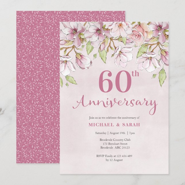 60th Wedding Anniversary Invitation Pink Floral (Front/Back)