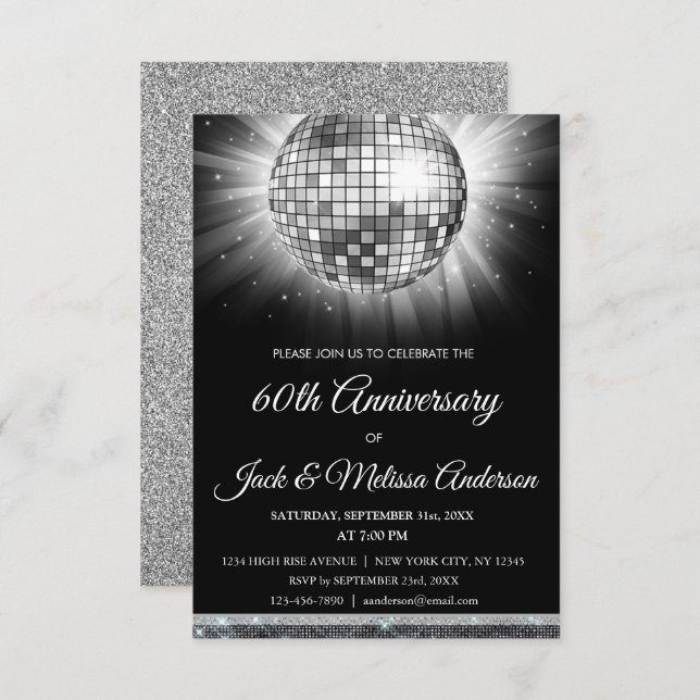 60th Wedding Anniversary Party Silver Disco Ball Invitation (Front/Back)