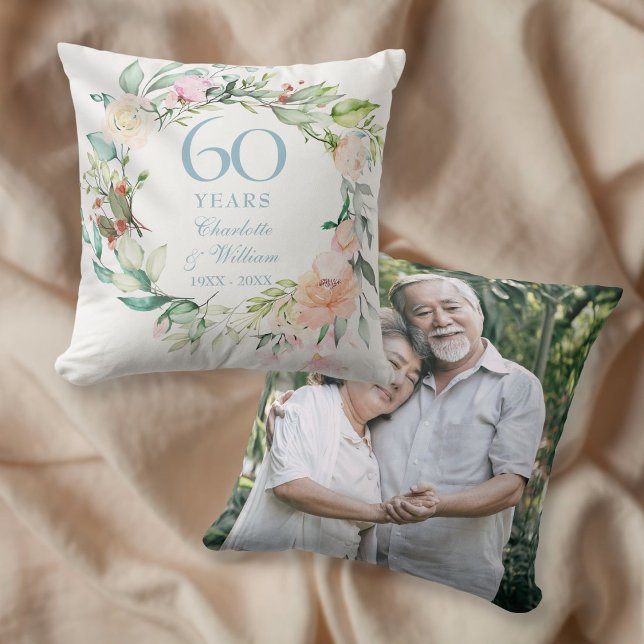 60th Wedding Anniversary Photo Roses Watercolor Cushion (Creator Uploaded)